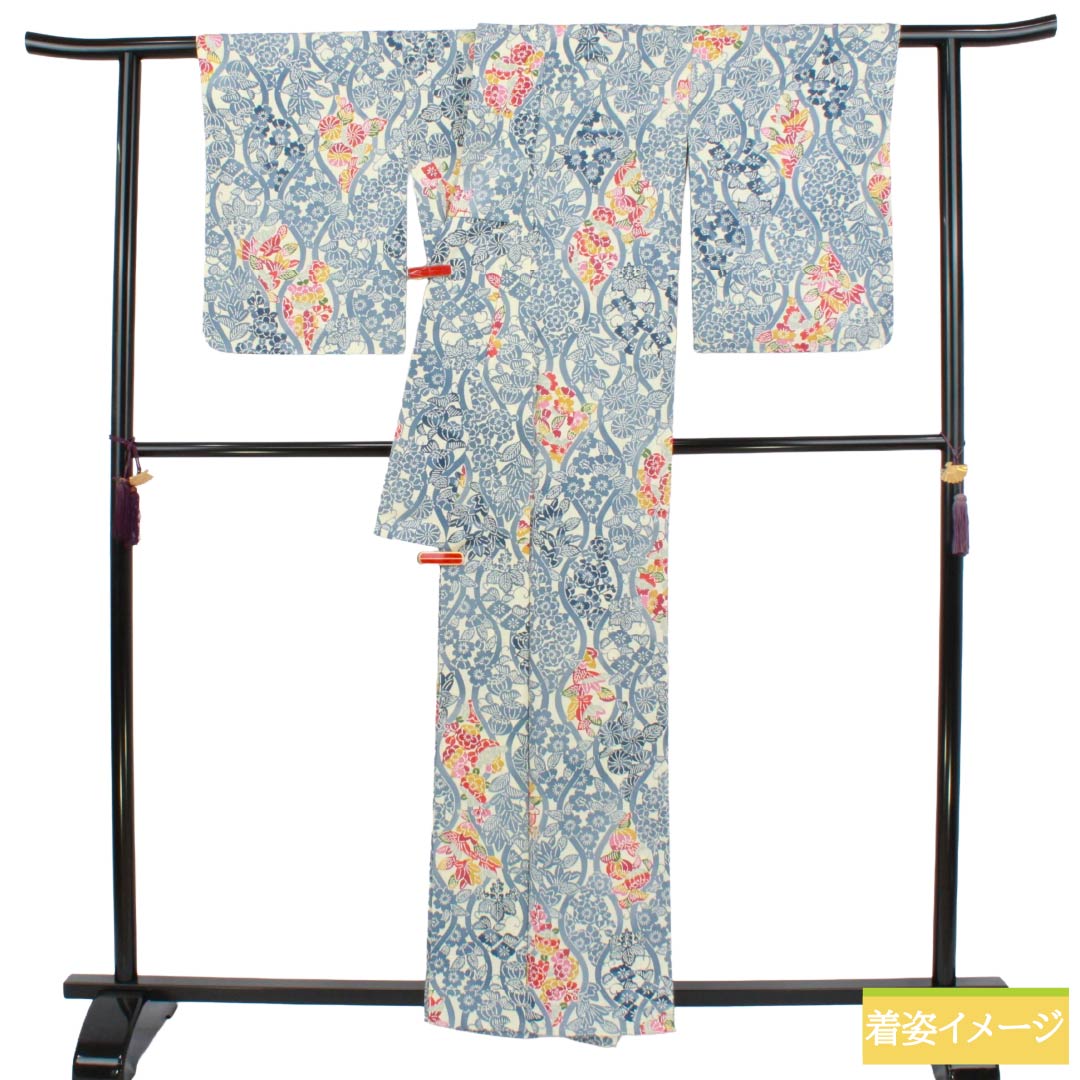 小紋 正絹 Sランク 身丈160cm 裄丈64.5cm 単衣 乳白色(にゅうはくしょく) 京紅型 梅 橘 立涌 クリーム系 1115008302415