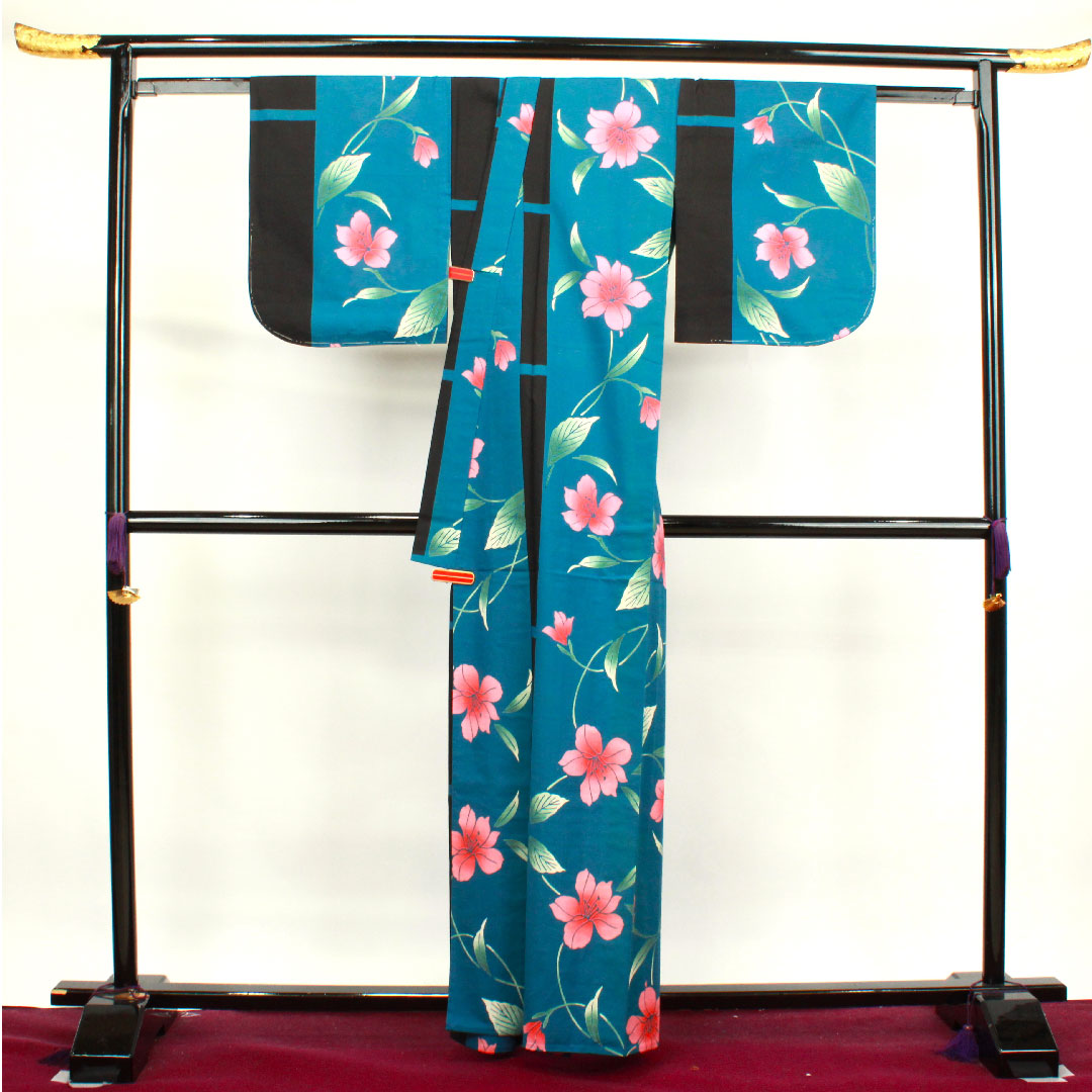 浴衣 納戸色 百合 木綿 Aランク 単衣 身丈162.5cm 裄丈65.5cm 青系 1118003563417