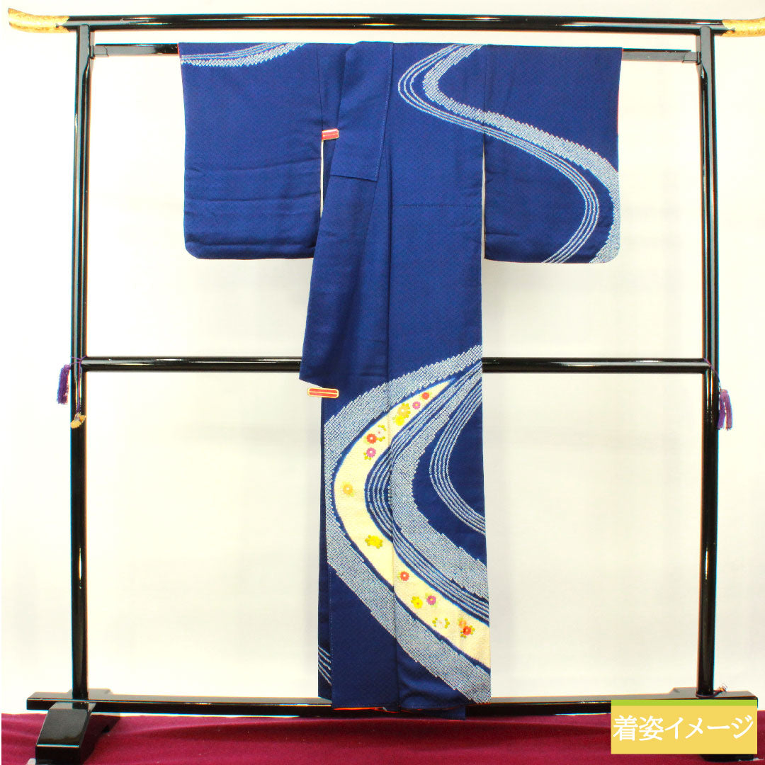 訪問着 正絹 袷 身丈154cm 裄丈63cm 瑠璃色 部分絞り 刺繡 Aランク 紺系 1112004103218