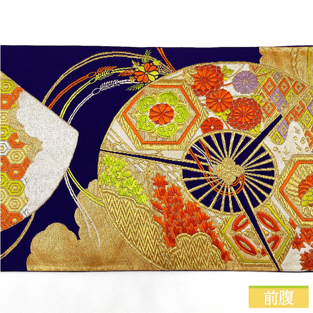 袋帯 正絹 青紫色(あおむらさきいろ) 扇面 亀甲 菊 菱 帯丈422cm Sランク 六通 フォーマル 紫系 1123011782320