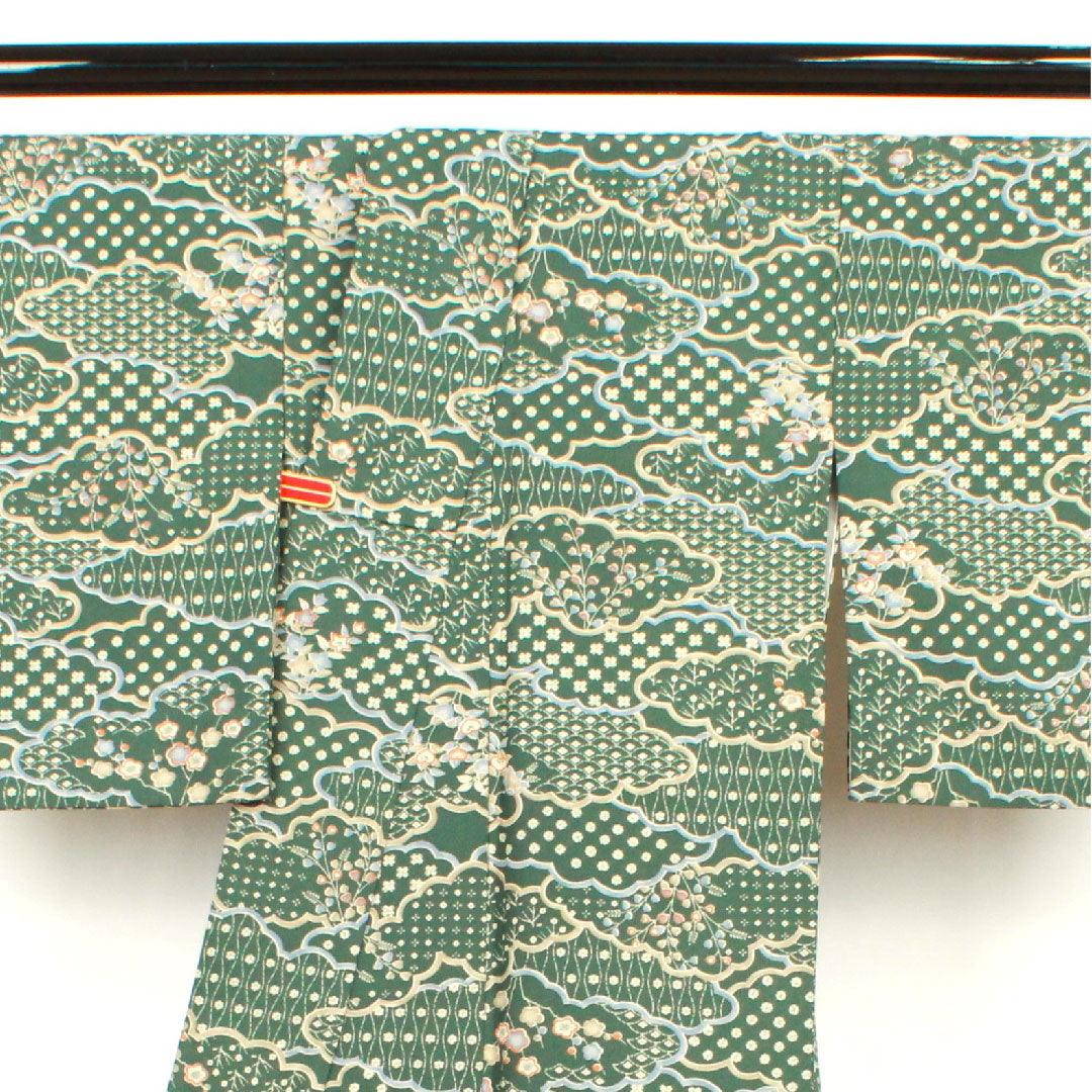 小紋 身丈160cm 裄丈62.5cm 袷 萌葱色 洗える着物 雲取り 草花模様 ポリ Sランク 緑系 1115002572419