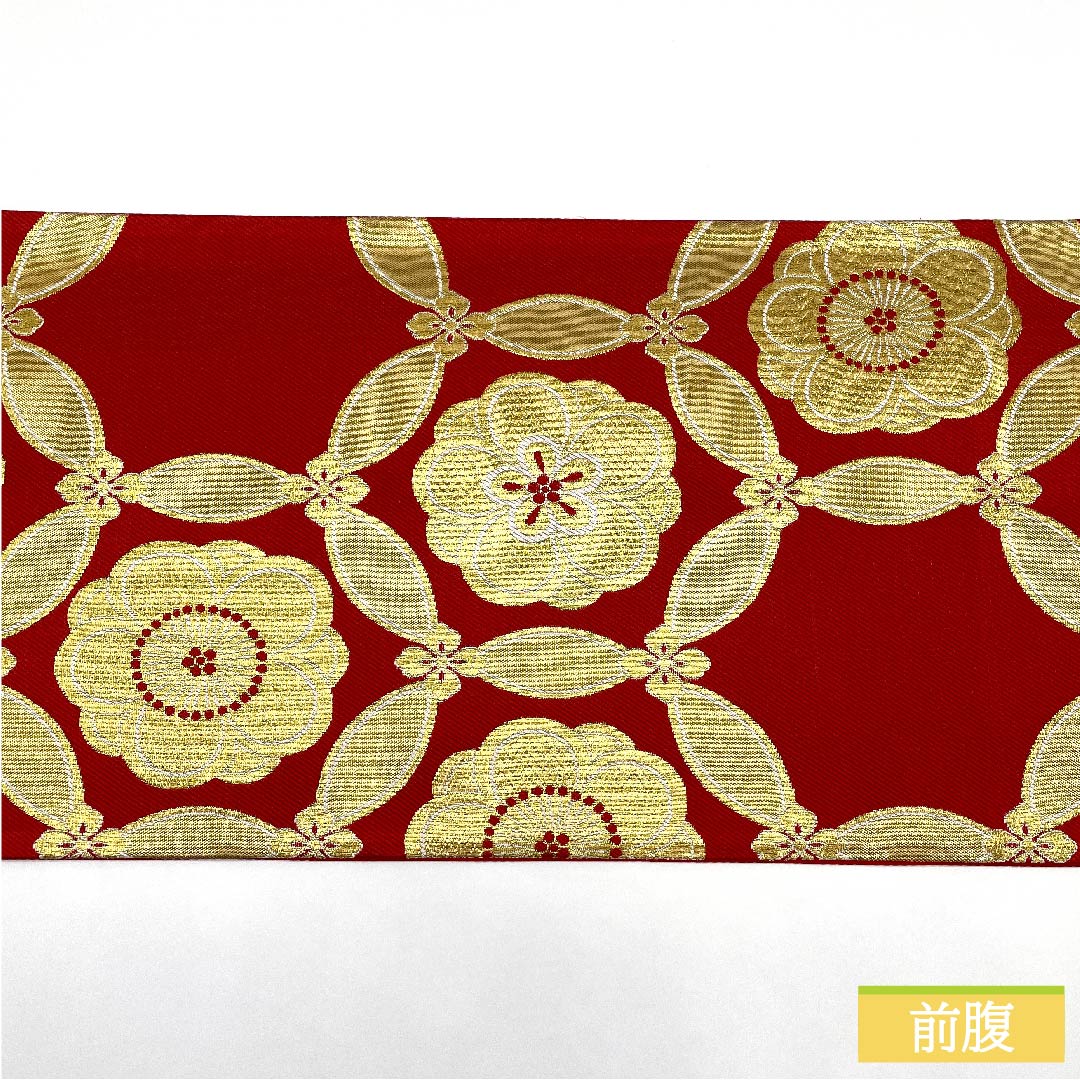 袋帯 正絹 土耳古赤色(とるこあかいろ) 七宝 梅 帯丈444cm Sランク 六通 フォーマル 赤系 1123011592312