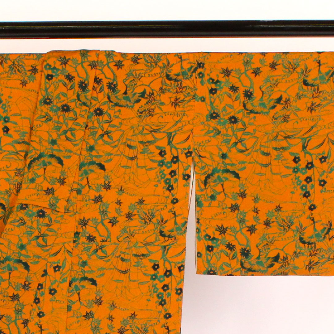 小紋 身丈161cm 裄丈63cm 袷 作家物 鶴に草花 型染 正絹 Aランク 茶系 1115000293314