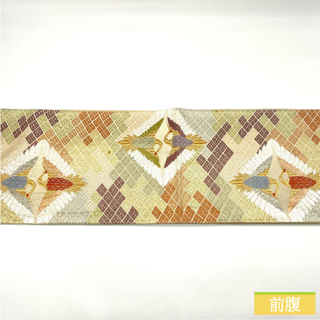 袋帯 正絹 Aランク 蕎麦切色(そばきりいろ) 西陣織 唐織 向かい鶴 亀甲 帯丈434cm 六通 フォーマル ベージュ系 1123016063325