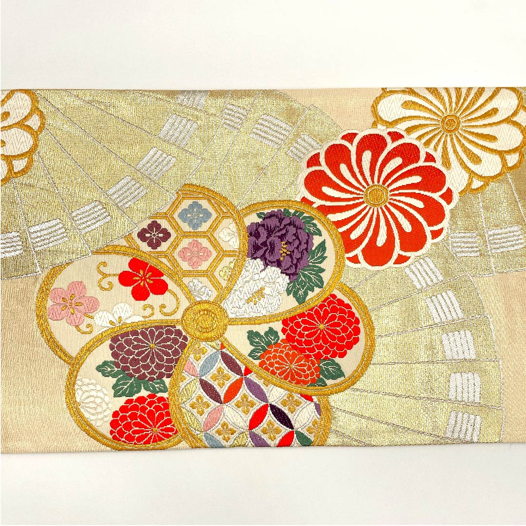 袋帯 生成り色(きなりいろ) 古典梅 吉祥文様 扇面 帯丈442cm 正絹 Sランク 六通 フォーマル クリーム系 1123002762315