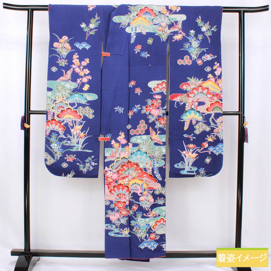 振袖 正絹 Aランク 身丈154.5cm 裄丈65cm 袷 青紫色(あおむらさきいろ) 京紅型 吉祥文様 松 藤 菖蒲 青系 1113002383217
