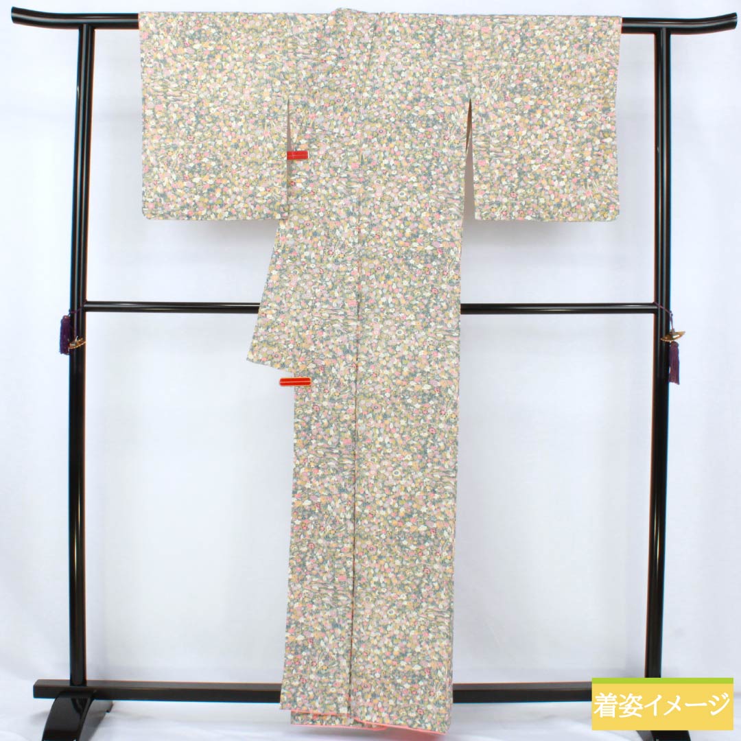 Komon (small pattern) silk, S rank, length 160cm, sleeve length 65cm, lined, Fukagawa gray (Fukagawa gray) pattern, all-over floral pattern, green tones, product number 1115007762419