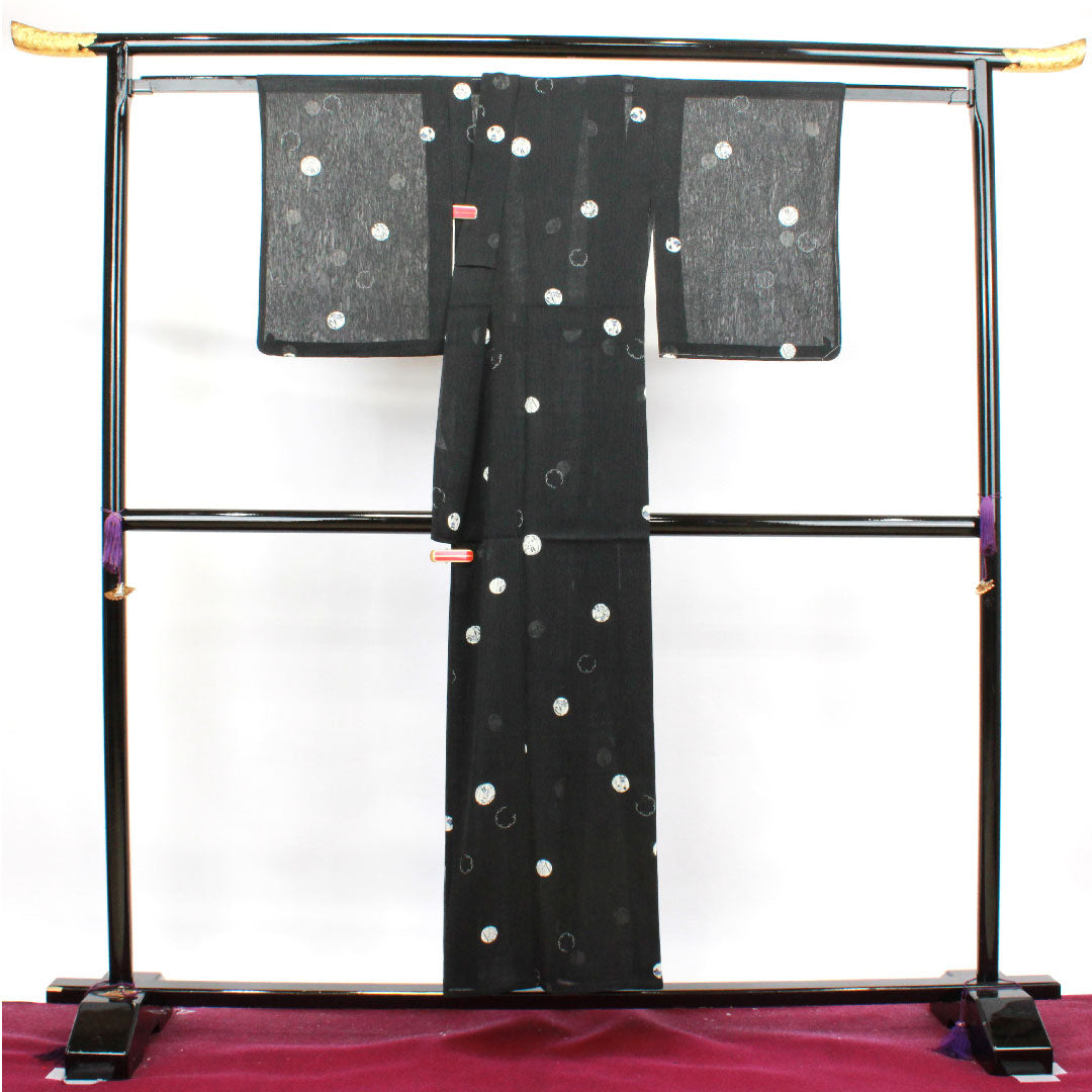 夏物 ポリエステル 小紋 身丈153.5cm 裄丈62.5cm 洗える着物 竪絽(たてろ) 雪輪 草花模様 絽 Sランク 黒系 1132000432210