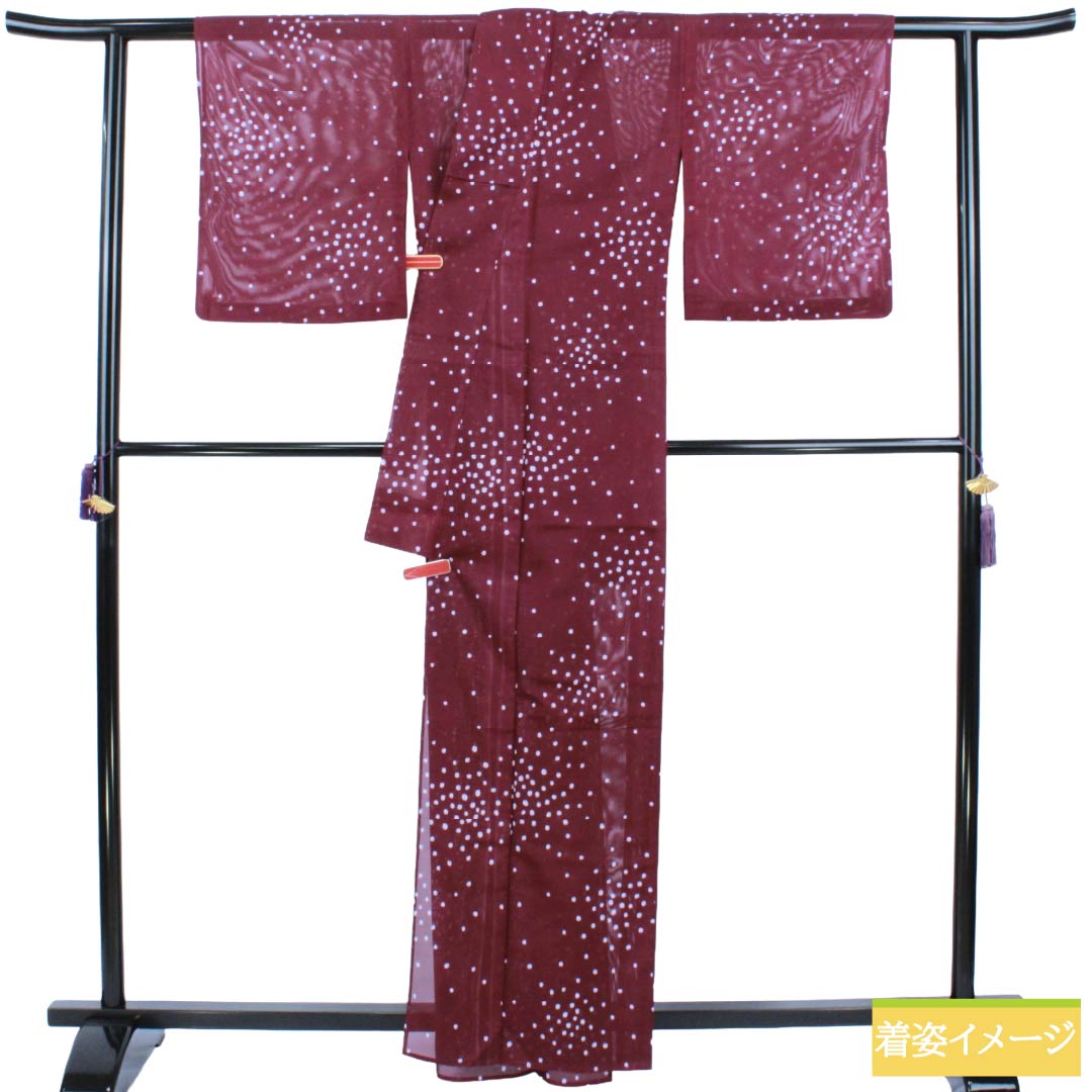 夏物 ポリエステル 小紋 Aランク 身丈162cm 裄丈63.5cm 壺菫色(つぼすみれいろ) ブロック柄 洗える着物 絽 紫系 1132003343420