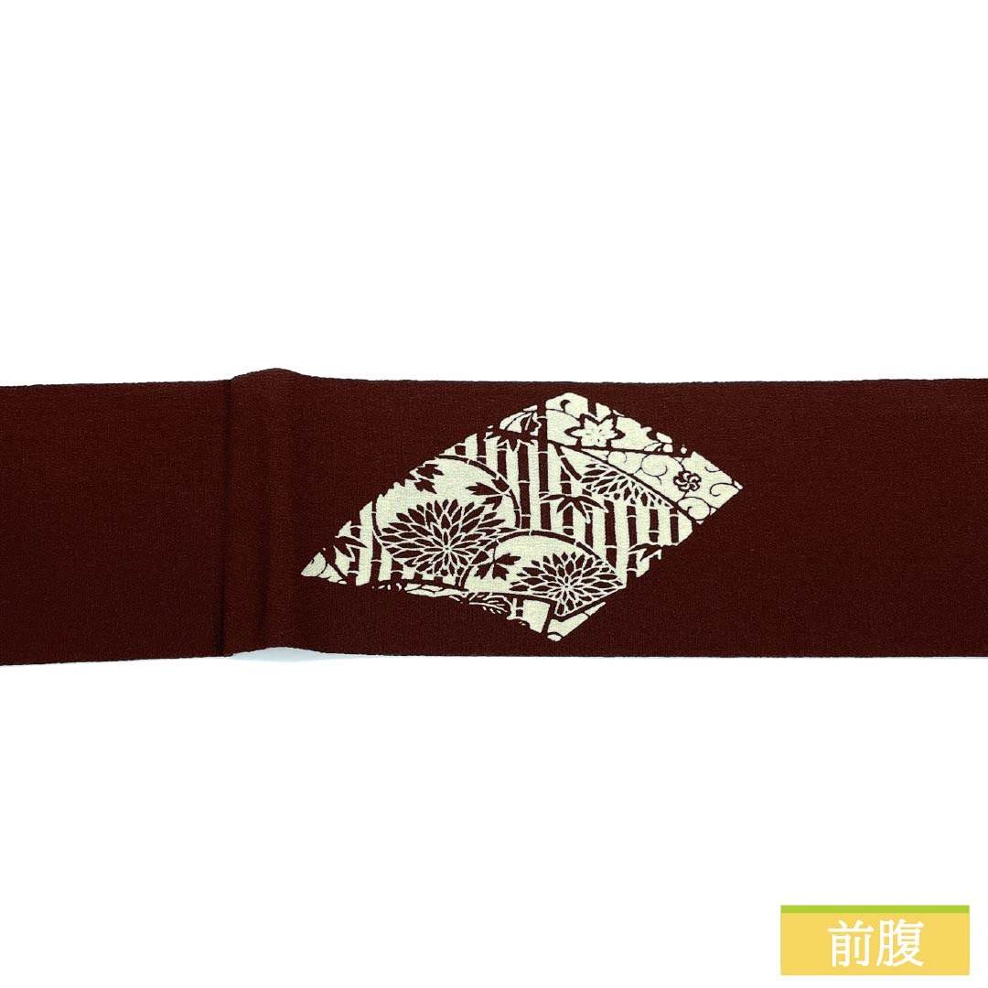 名古屋帯 正絹 Sランク 濃茶色(こいちゃいろ) 型染 ちりめん地 越後型染 帯丈363cm ポイント柄 カジュアル 茶系 1124010492314 名古屋仕立て