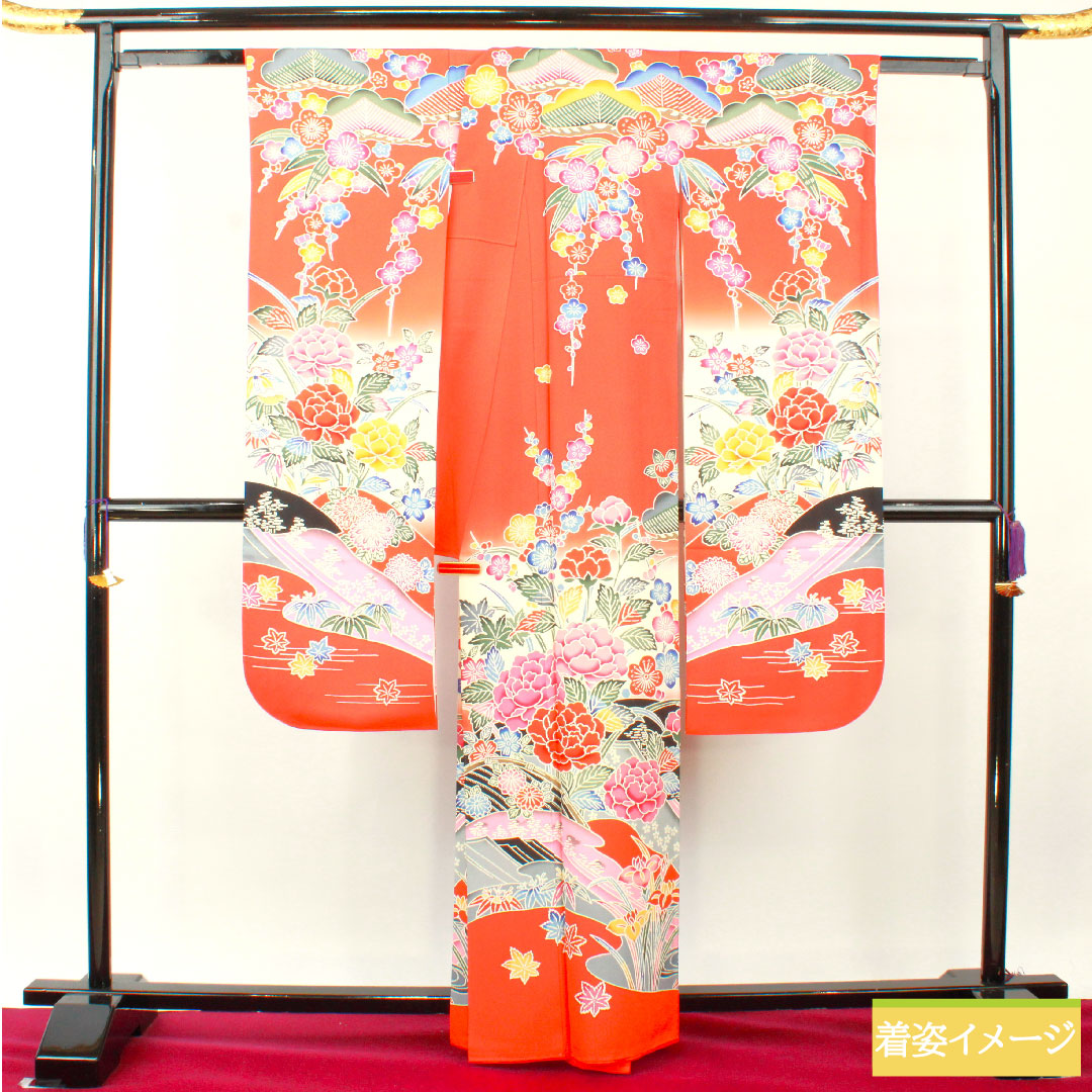 振袖 正絹 身丈162.5cm 裄丈63.5cm 袷 銀朱色(ぎんしゅいろ) 京紅型 吉祥文様 Sランク 朱系 1113002112416