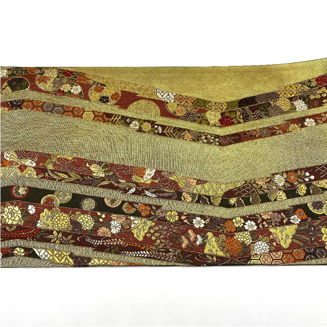 袋帯 金色 本金箔 献上松皮流し文 吉祥文様 帯丈433cm 正絹 Aランク 六通 フォーマル 金系 1123005613321