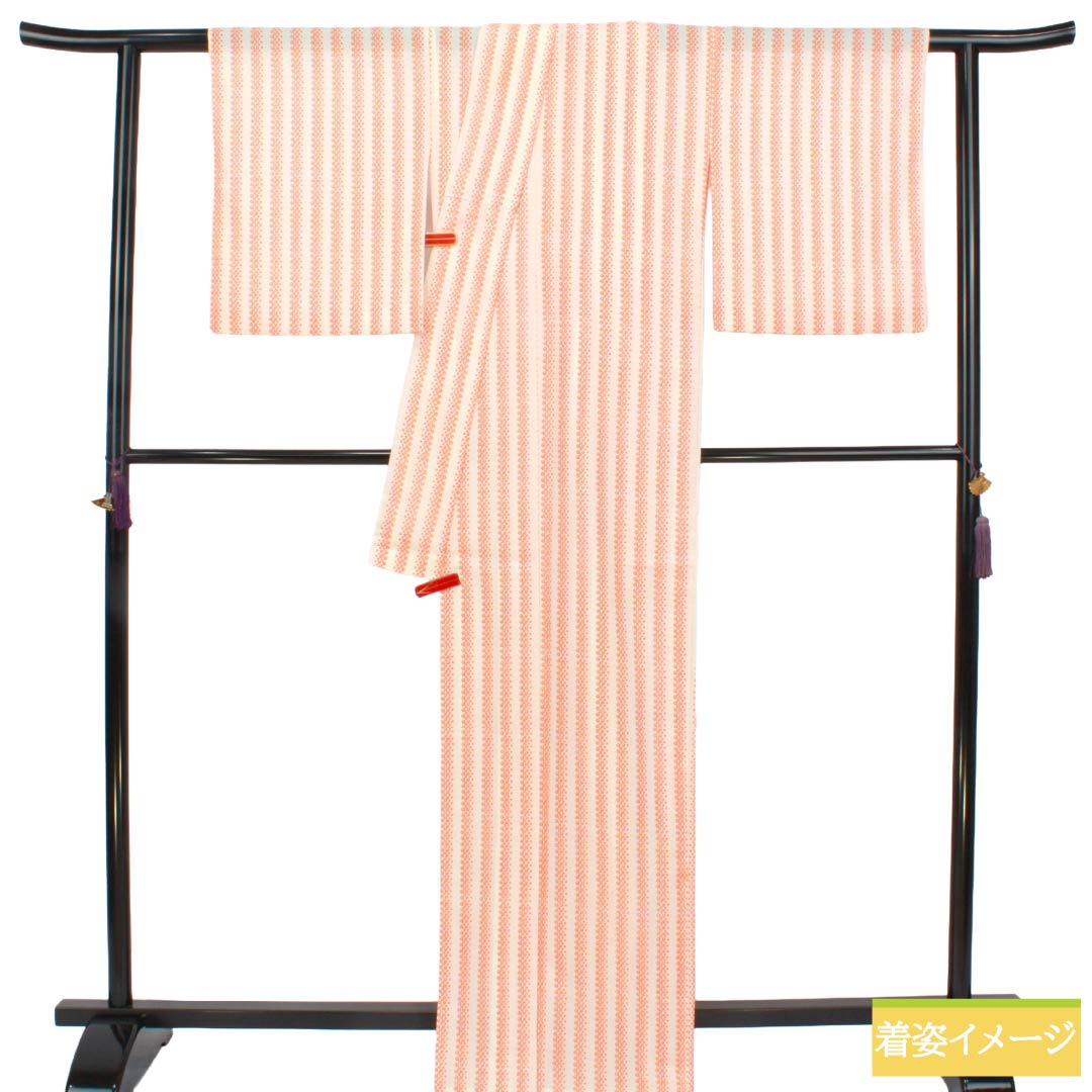 夏物 ポリエステル 小紋 Aランク 身丈167cm 裄丈65cm 洗える着物 小花 縞 絽 白系 1132007113511