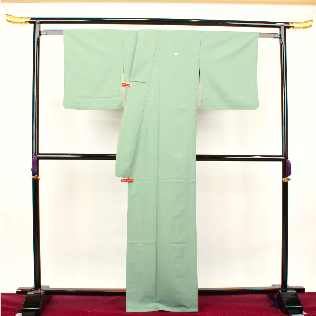 Plain color polyester rust celadon color washable kimono plain pattern assembled lattice length 166cm sleeve length 68cm lined A rank green 1114000773519