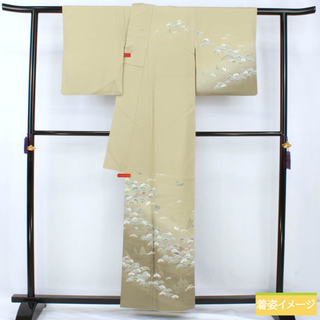 Visiting Kimono, Pure Silk, Grade A, Lined, Length 157.5cm, Sleeve Length 62.5cm, Rikyu White Brown (Rikyu Shirachairo), Kyoto Yuzen, Ivy, Single Crest, Artist's Work, Landscape Pattern, Green, Product Number: 1112007073319