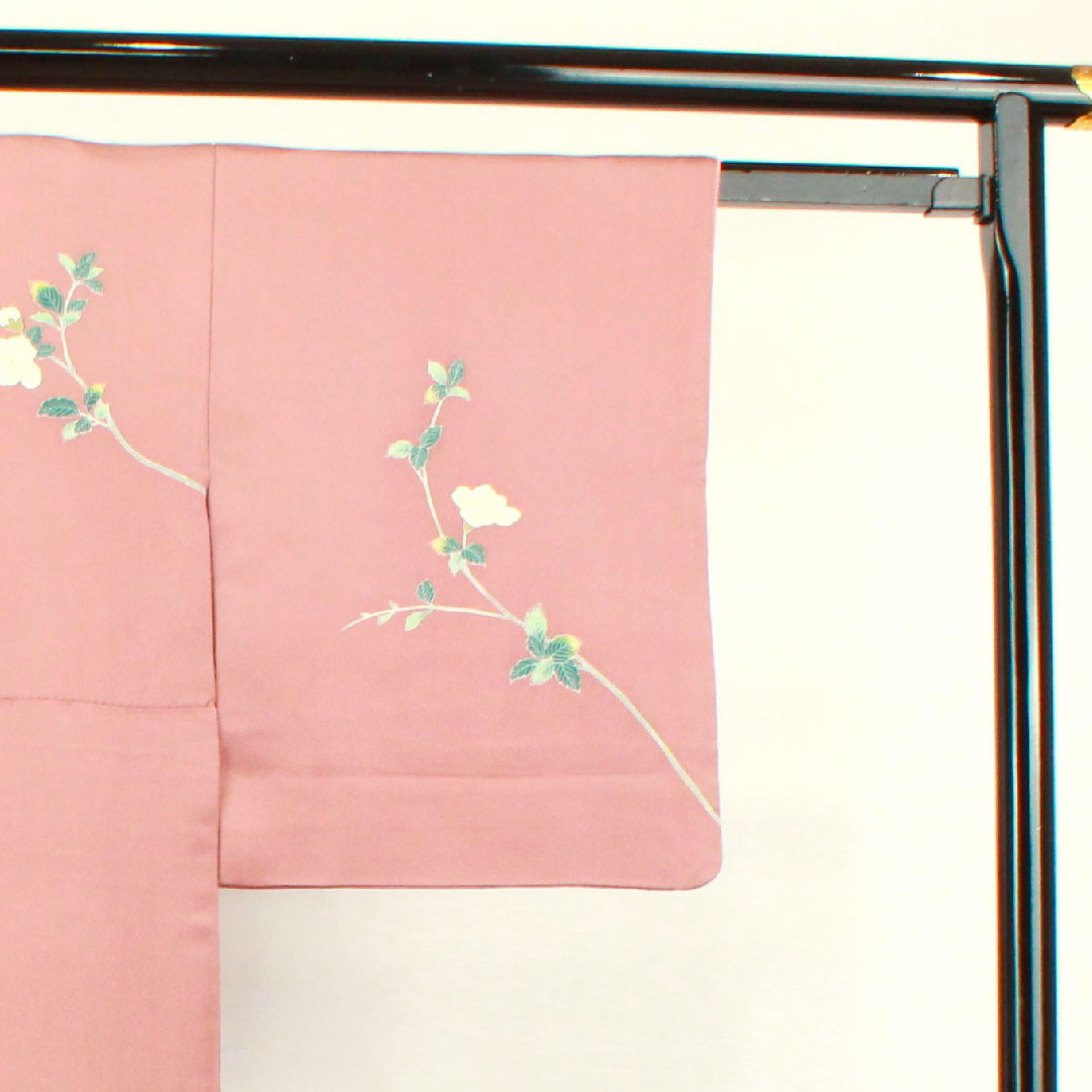 訪問着 正絹 袷 身丈158cm 裄丈63cm 蝋積紅色 京友禅 草花模様 Sランク ピンク系 1112003012313