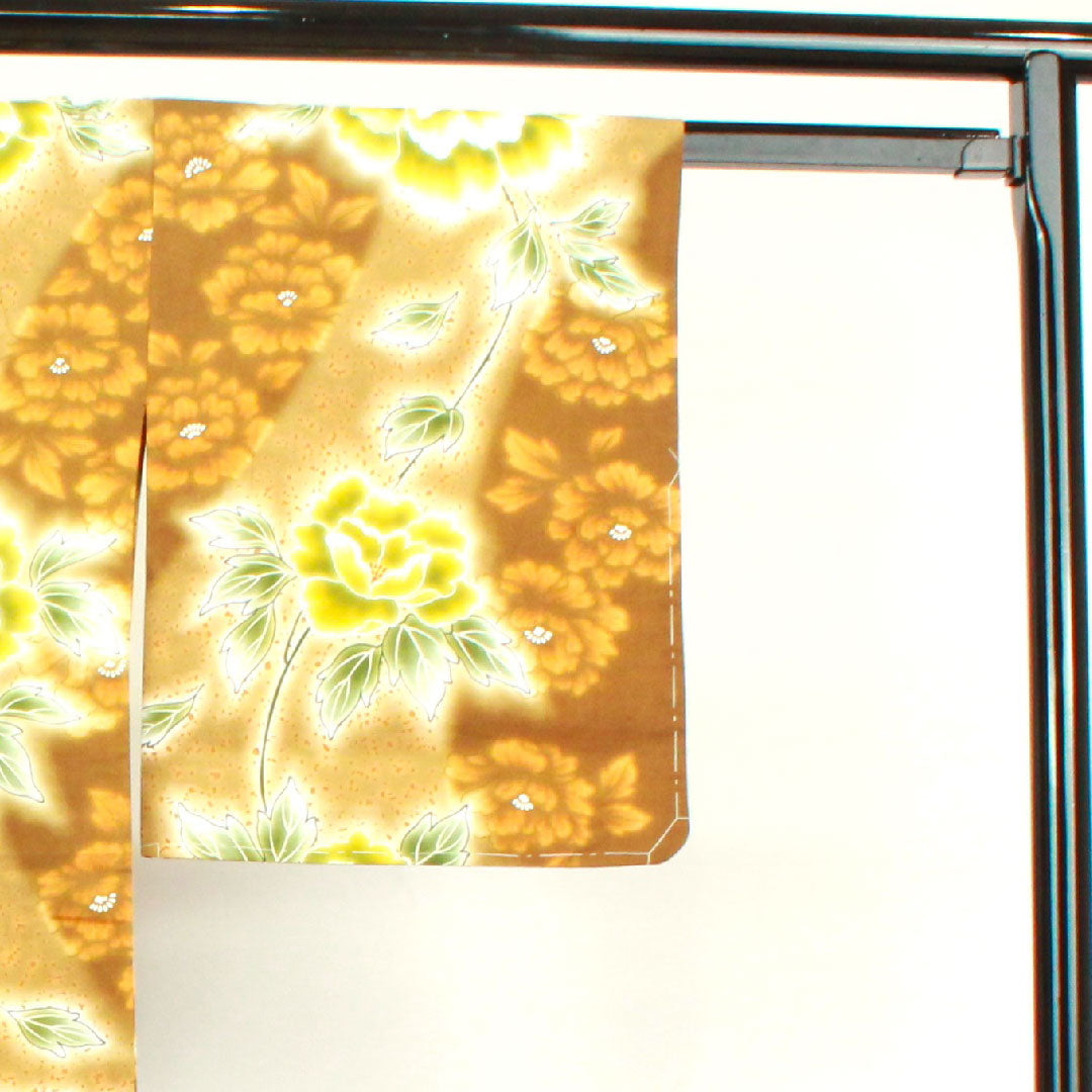 浴衣 しつけ糸付き 未使用品 団栗色 牡丹 木綿 Sランク 単衣 身丈158.5cm 裄丈63.5cm 茶系 1118002702314