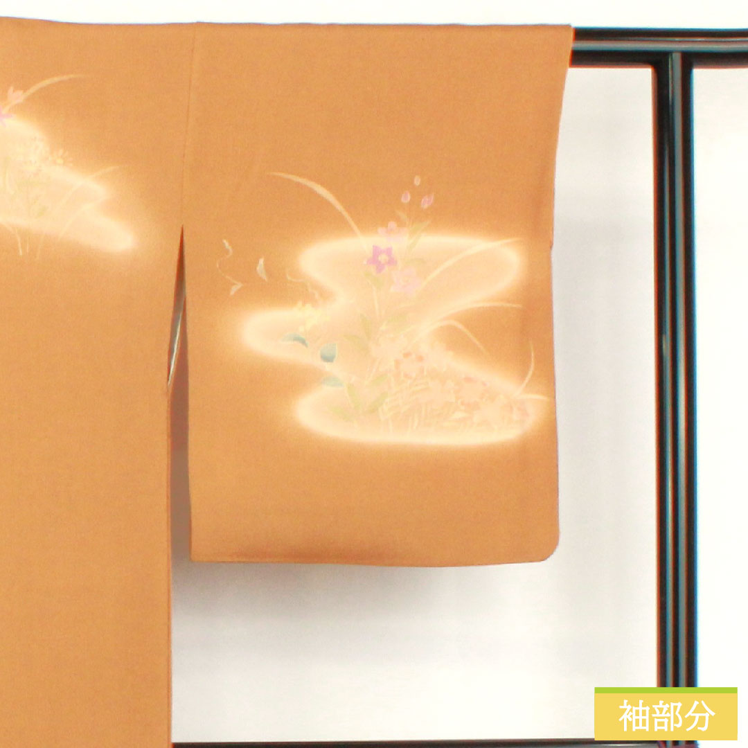 訪問着 正絹 袷 身丈168.5cm 裄丈65cm 金茶色(きんちゃいろ) ちりめん地 草花模様 Sランク 茶系 1112005902514