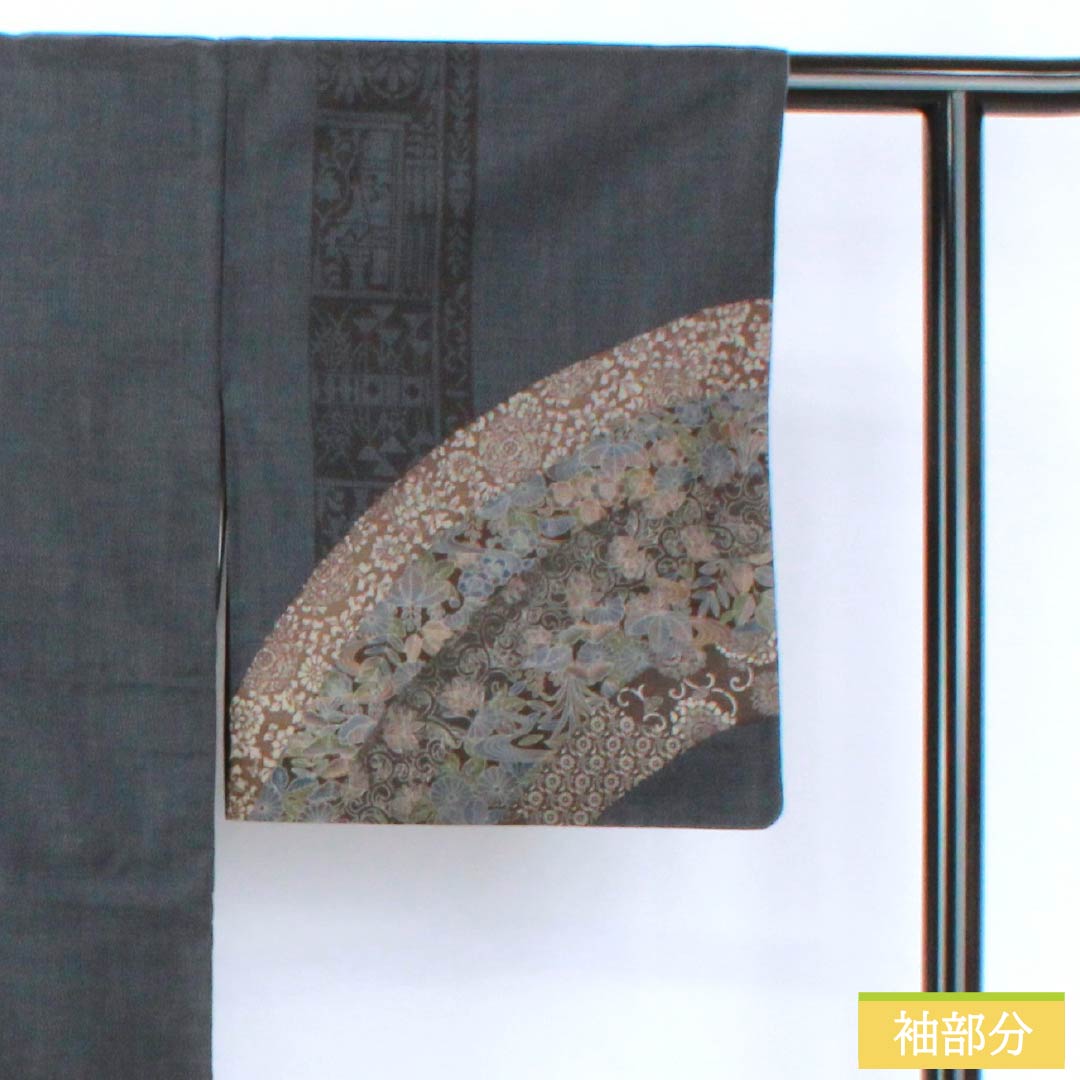 訪問着 正絹 Sランク 袷 身丈161.5cm 裄丈65.5cm 紺色(こんいろ) 大島紬 草花 紺系 1112007302418