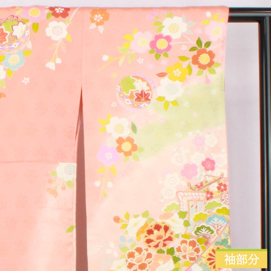 振袖 正絹 Sランク 身丈164.5cm 裄丈68cm 袷 珊瑚色(さんごいろ) 京友禅 吉祥文様 御所車 束ね熨斗 パールトーン加工 ピンク系 1113002582413