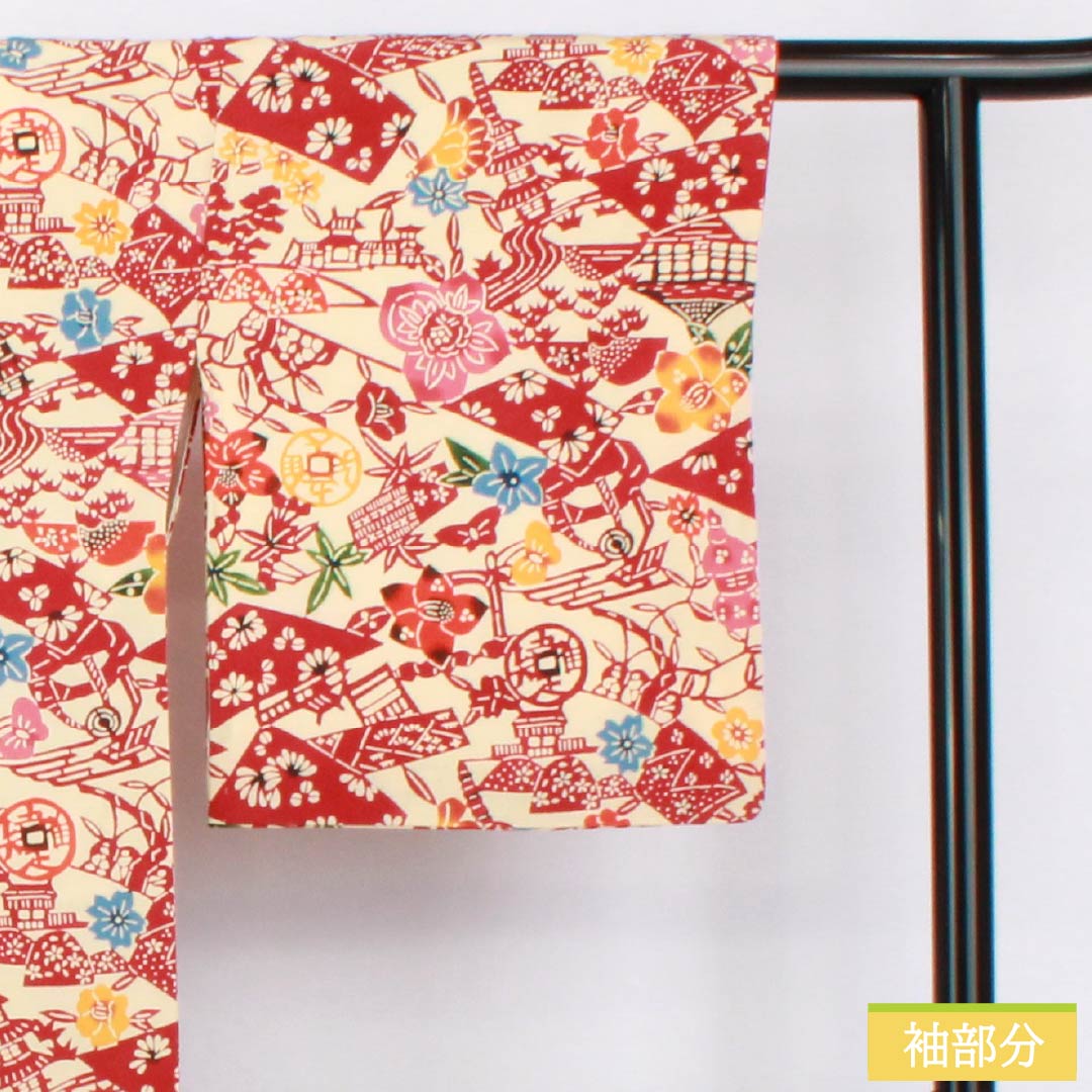 小紋 正絹 Sランク 身丈159.5cm 裄丈66cm 袷 東京白茶色(とうきょうしらちゃいろ) 京紅型 京都風景図 クリーム系 1115006852315