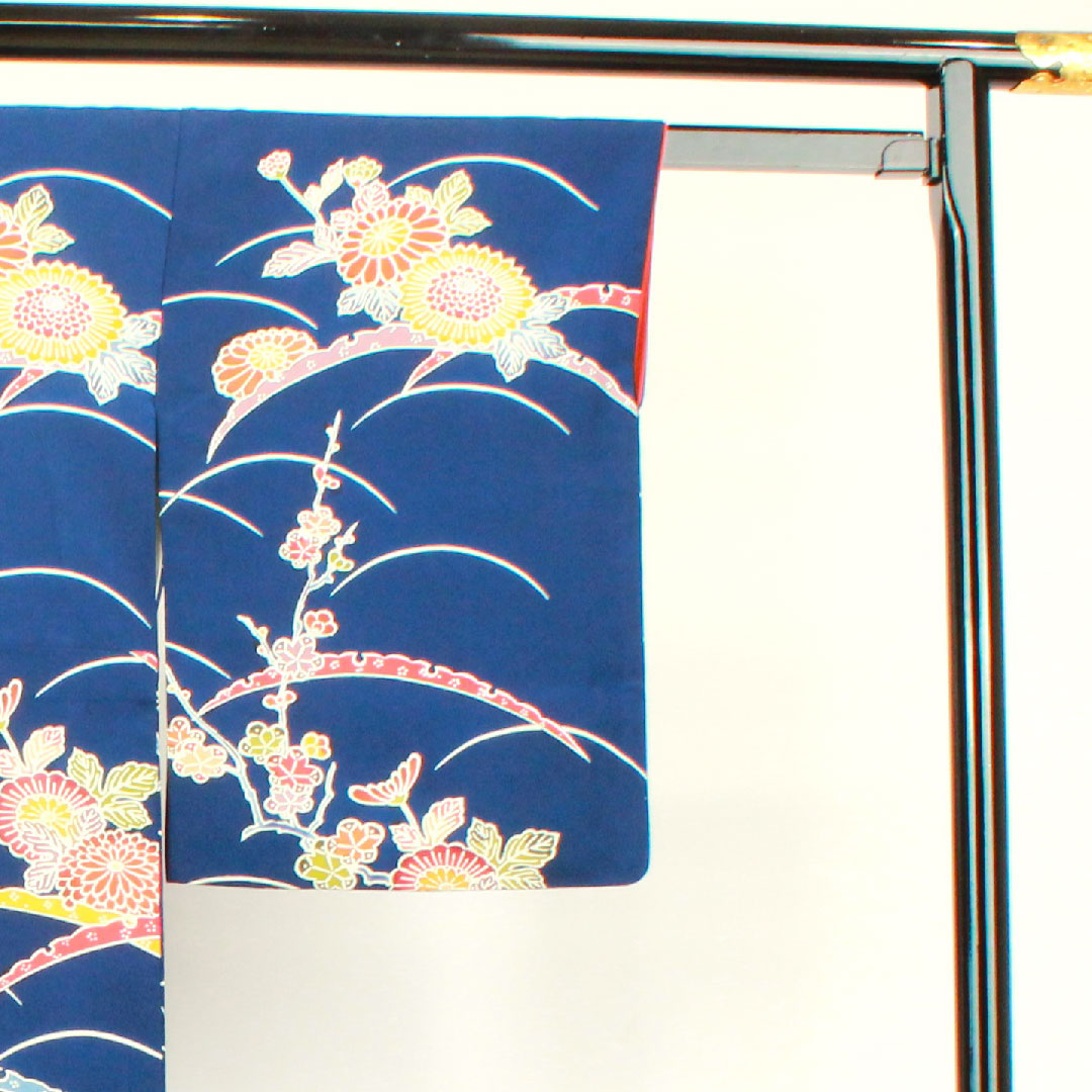 小紋 身丈156.5cm 裄丈62cm 袷 紺藍色 京紅型 菊 露芝 正絹 Sランク 紺系 1115003382318