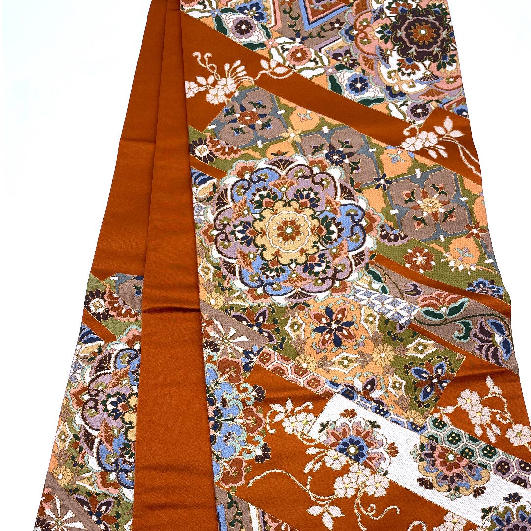 袋帯 赤蘇芳色(あかすおういろ) 白綾苑大庭 華文 帯丈440cm 正絹 Sランク 六通 フォーマル 朱系 1123008652316