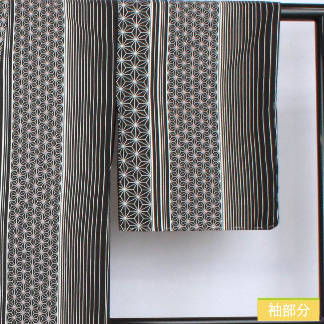 小紋 ポリエステル 身丈162cm 裄丈65cm 単衣 縞 麻の葉 洗える着物 Sランク 黒系 1115005872410