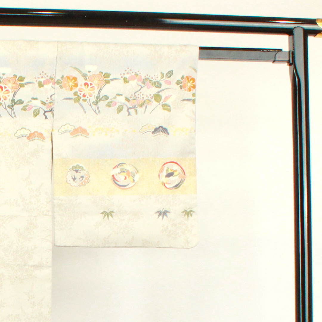 Homongi, pure silk, lined, length 155cm, sleeve length 61cm, cloud gray, Kyoto yuzen, bamboo, pine, crane, A rank, gray, 1112002923322