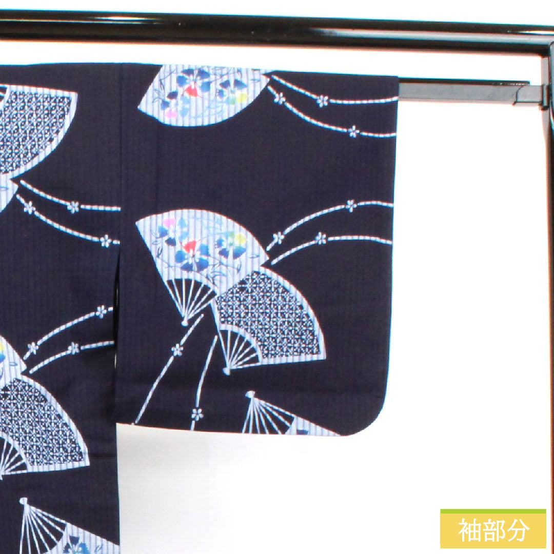 浴衣 木綿 身丈160cm 裄丈65.5cm Sランク 単衣 紺系 濃紺色(のうこんいろ) 扇子 草花模様 1118004522418