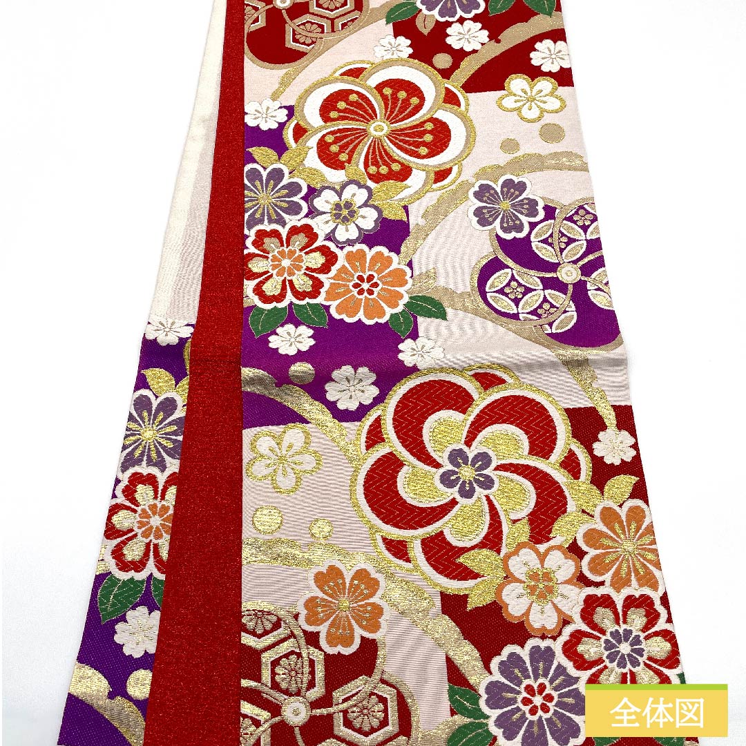 袋帯 正絹 白梅鼠色(しらうめねずいろ) ねじり梅 露草 桜 市松 帯丈440cm Sランク 六通 フォーマル 白系 1123011672311