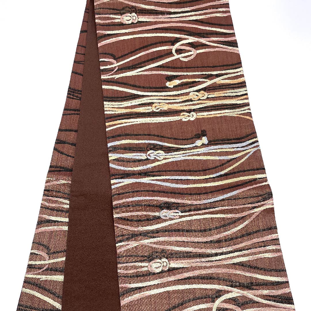 袋帯 焦色(こがれいろ) 組紐柄 帯丈441cm 正絹 Sランク 六通 カジュアル 茶系 1123009312314