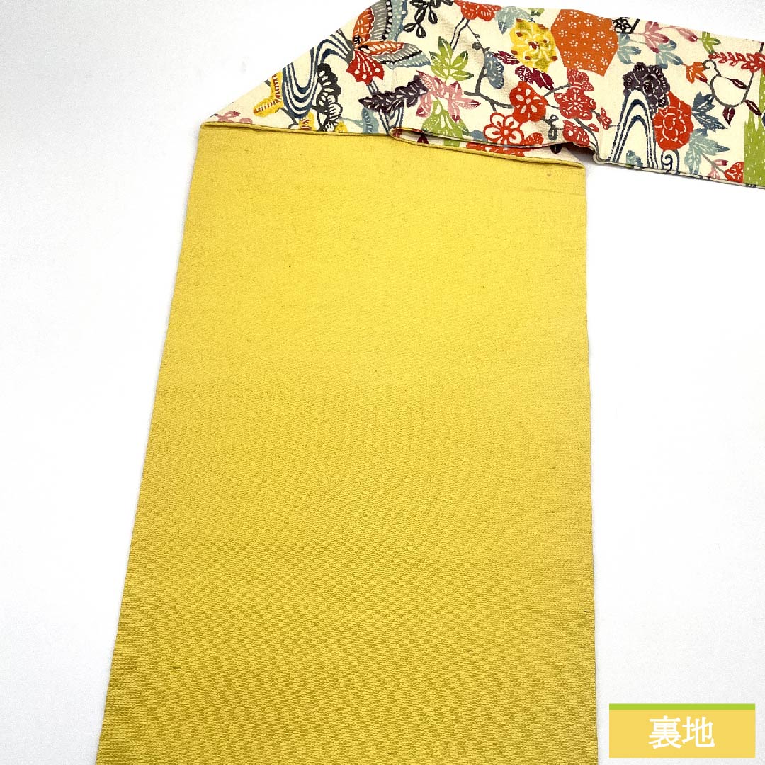 名古屋帯 生成り色 京紅型 蝶 花柄 流水模様 帯丈352cm 正絹 Aランク 六通 カジュアル クリーム系 1124005463315 名古屋仕立て