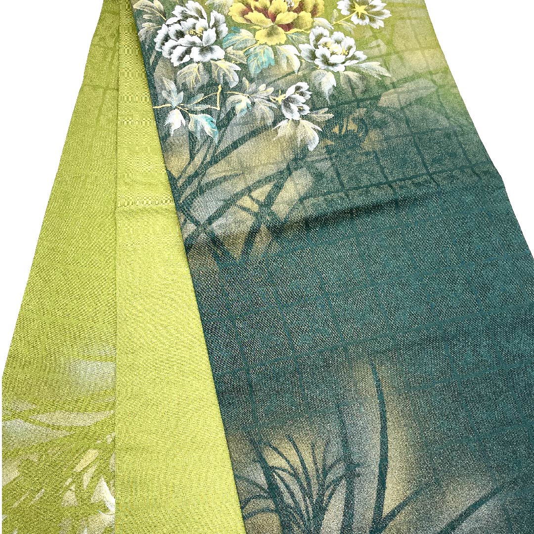 袋帯 松葉色(まつばいろ) 草花模様 染め帯 帯丈440cm 正絹 Bランク ポイント柄 セミフォーマル 緑系 1123005534319