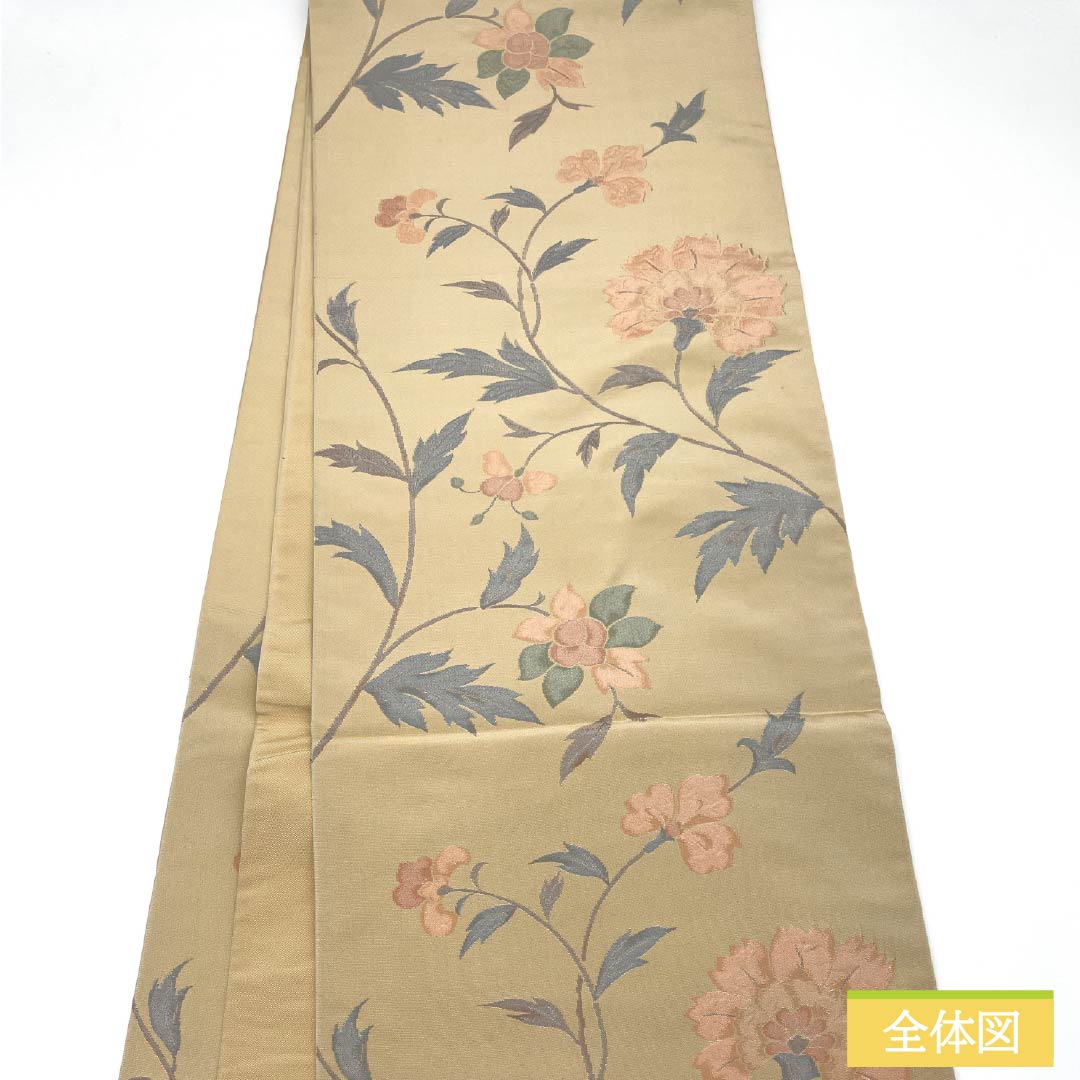 袋帯 正絹 東京白茶色(とうきょうしらちゃいろ) 花唐草 抽象花 花唐草 帯丈440cm Aランク 六通 カジュアル ベージュ系 1123012773325