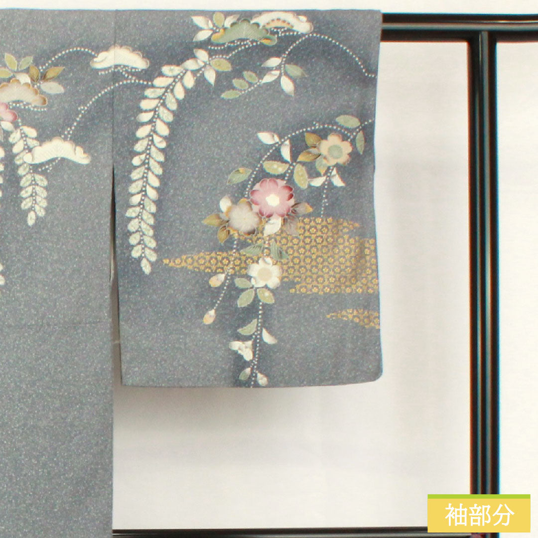 訪問着 正絹 袷 身丈155cm 裄丈63.5cm 青袋鼠色(せいたいねずいろ) 辻ヶ花 タタキ染 一つ紋 花紋 Sランク グレー系 1112005142322