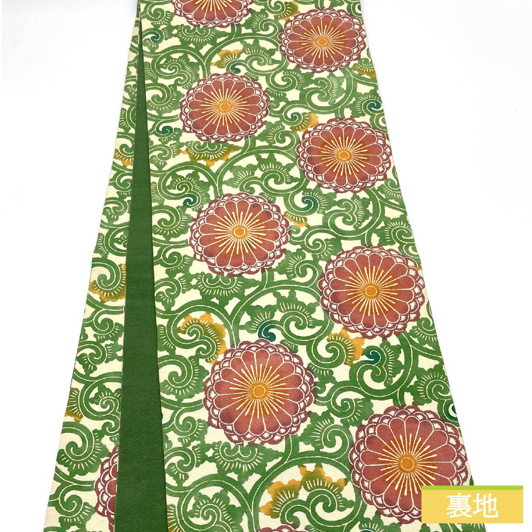 名古屋帯 生成り色(きなりいろ) 型染 菊 花唐草 帯丈366cm 正絹 Aランク 全通 カジュアル クリーム系 1124006603315 開き仕立て