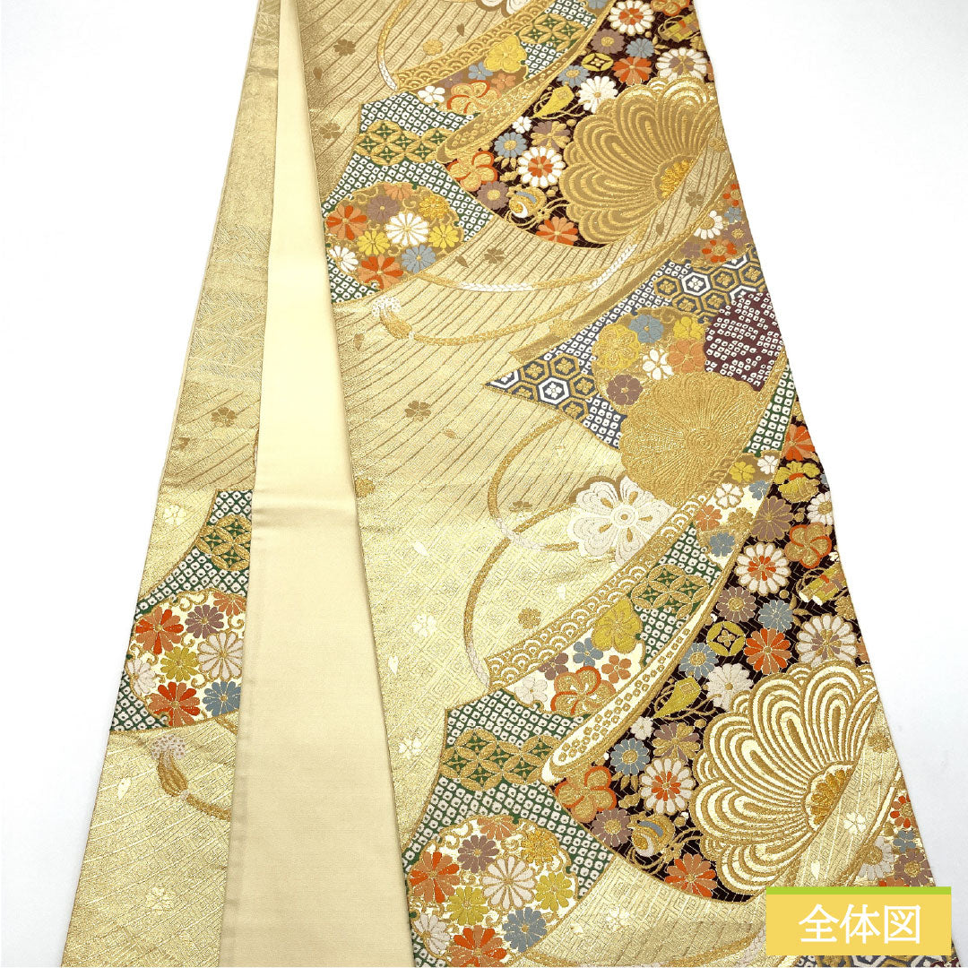 Nishijin-ori silk obi with auspicious motifs, featuring a small kosode kimono with auspicious motifs, length 430cm, six-fold hem, formal, gold-tone finish, product number 1123017222321