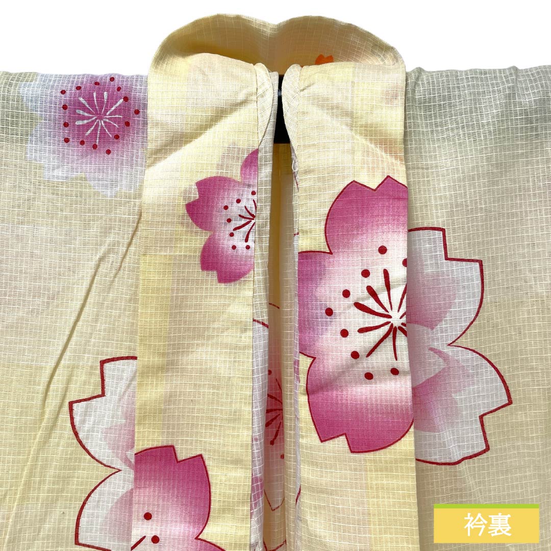 浴衣 木綿 Aランク 身丈165.5cm 裄丈67.5cm 鳥の子色(とりのこいろ) 桜 単衣 黄系 1118007423523