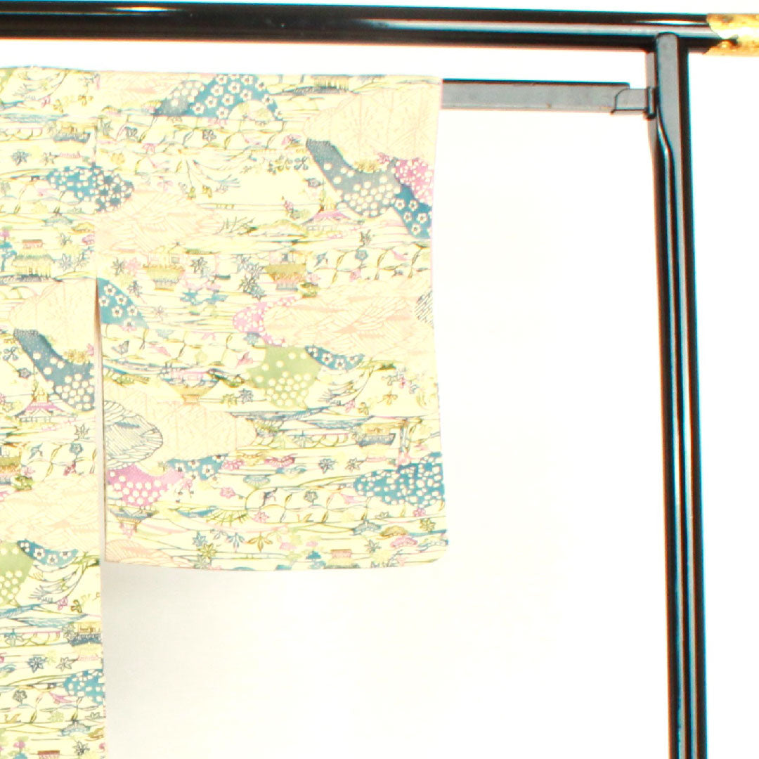 小紋 身丈154.5cm 裄丈61.5cm 袷 砥粉色 紅型 風景模様 正絹 Aランク クリーム系 1115003083215