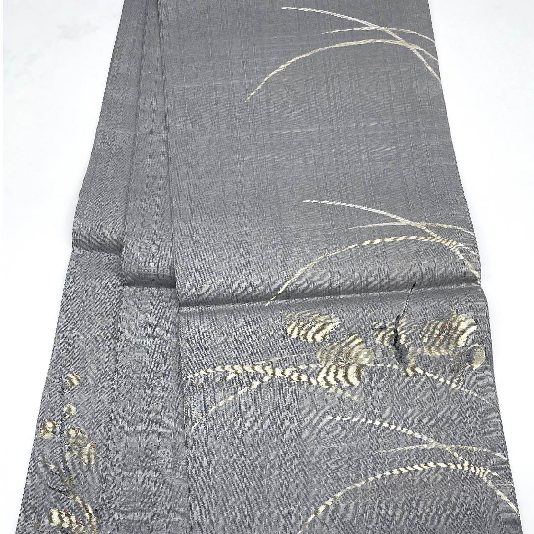 袋帯 薄鈍色(うすにびいろ) 梅 露芝 変わり市松 作家物 帯丈432cm 正絹 Sランク ポイント柄 カジュアル グレー系 1123008902322