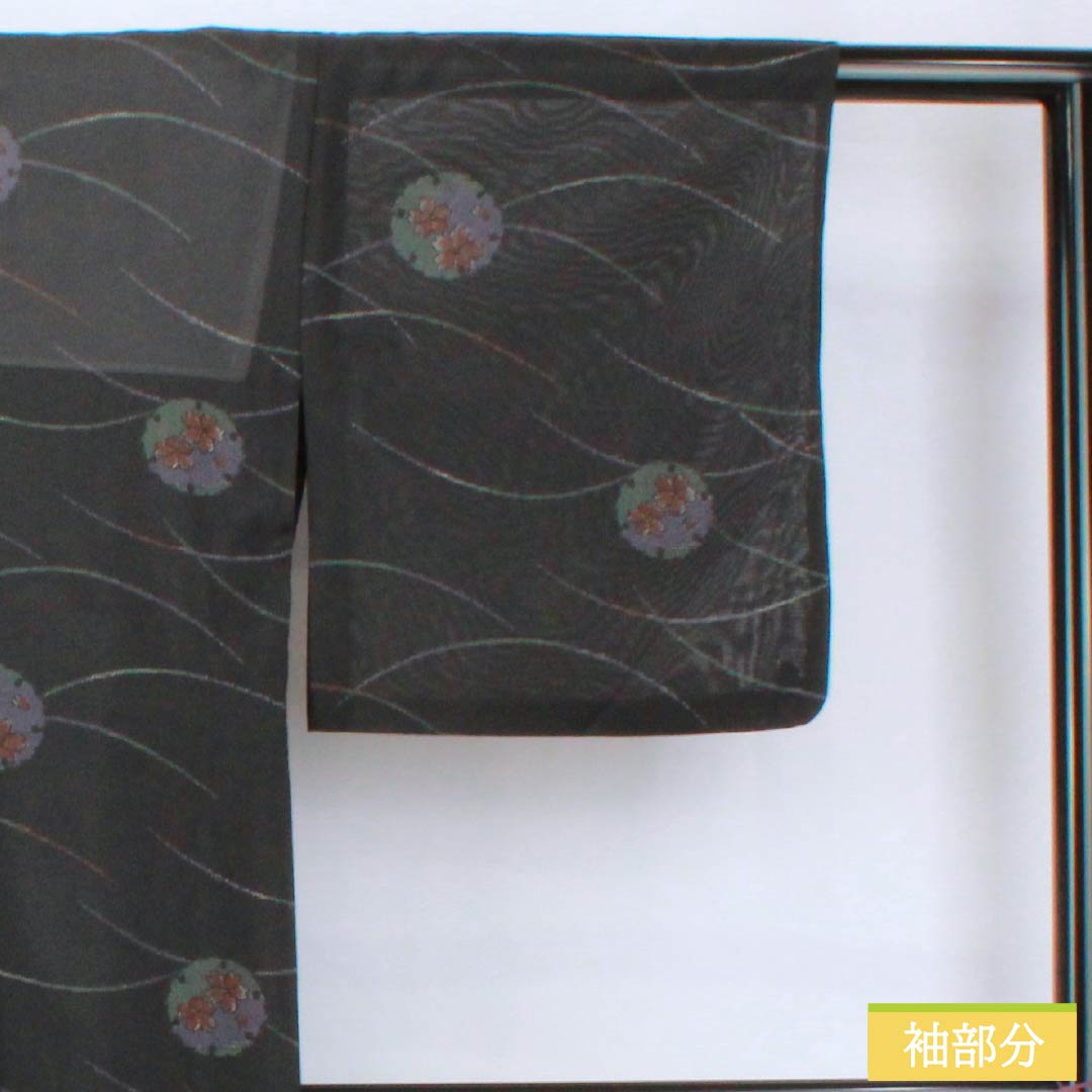 夏物 ポリエステル 小紋 身丈156cm 裄丈65cm 雪輪 露芝 洗える着物 紗 Sランク 黒系 1132001912310