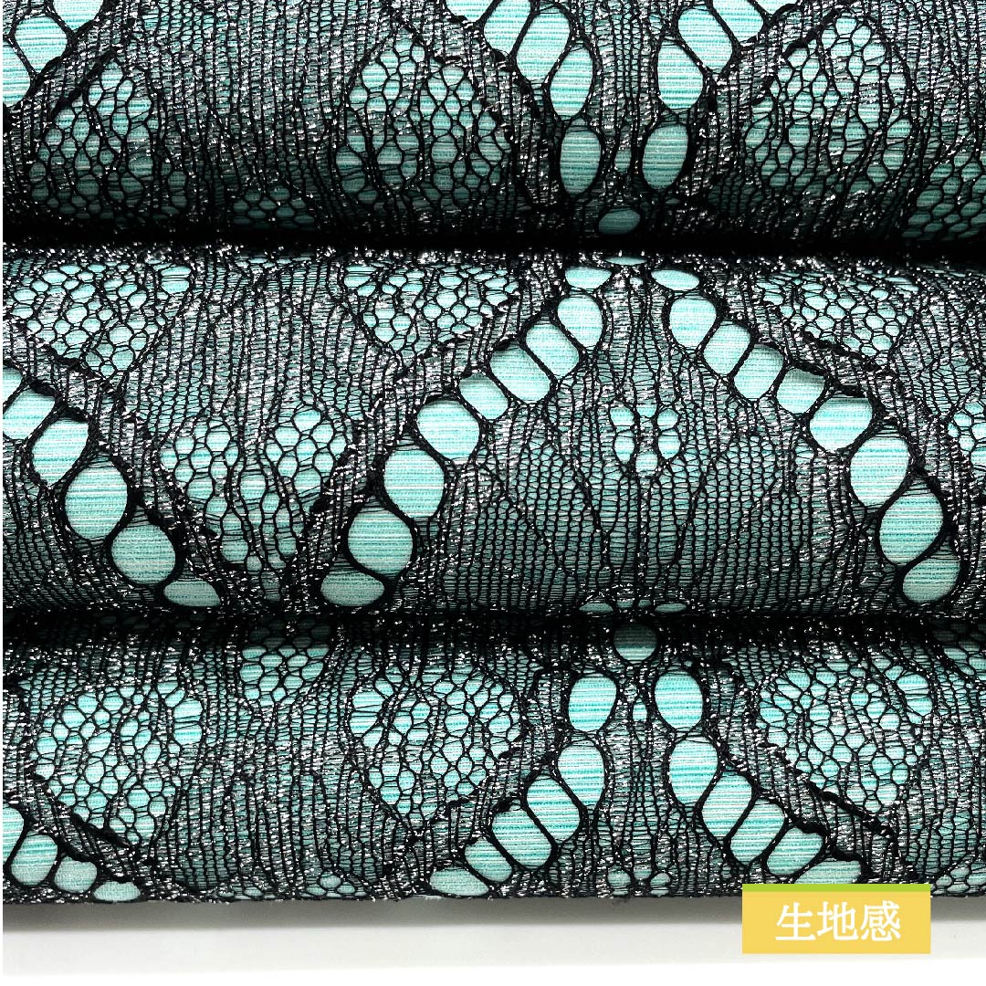 Half-width obi, polyester, light blue, lace pattern, geometric pattern, reversible, long, obi length 478cm, green, S rank, 1125000912419