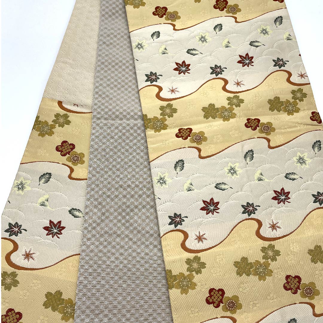 名古屋帯 京袋帯 生成り色 横段 芝草 桜 梅 紅葉 帯丈378cm ポリ Aランク 六通 セミフォーマル クリーム系 1124003483315 開き仕立て