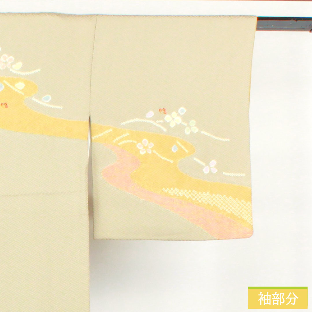 訪問着 正絹 袷 身丈163cm 裄丈67.5cm 蠟色(ろういろ) 絞り 抽象模様 一つ紋 剣片喰 縫い紋 Sランク ベージュ系 1112004492425