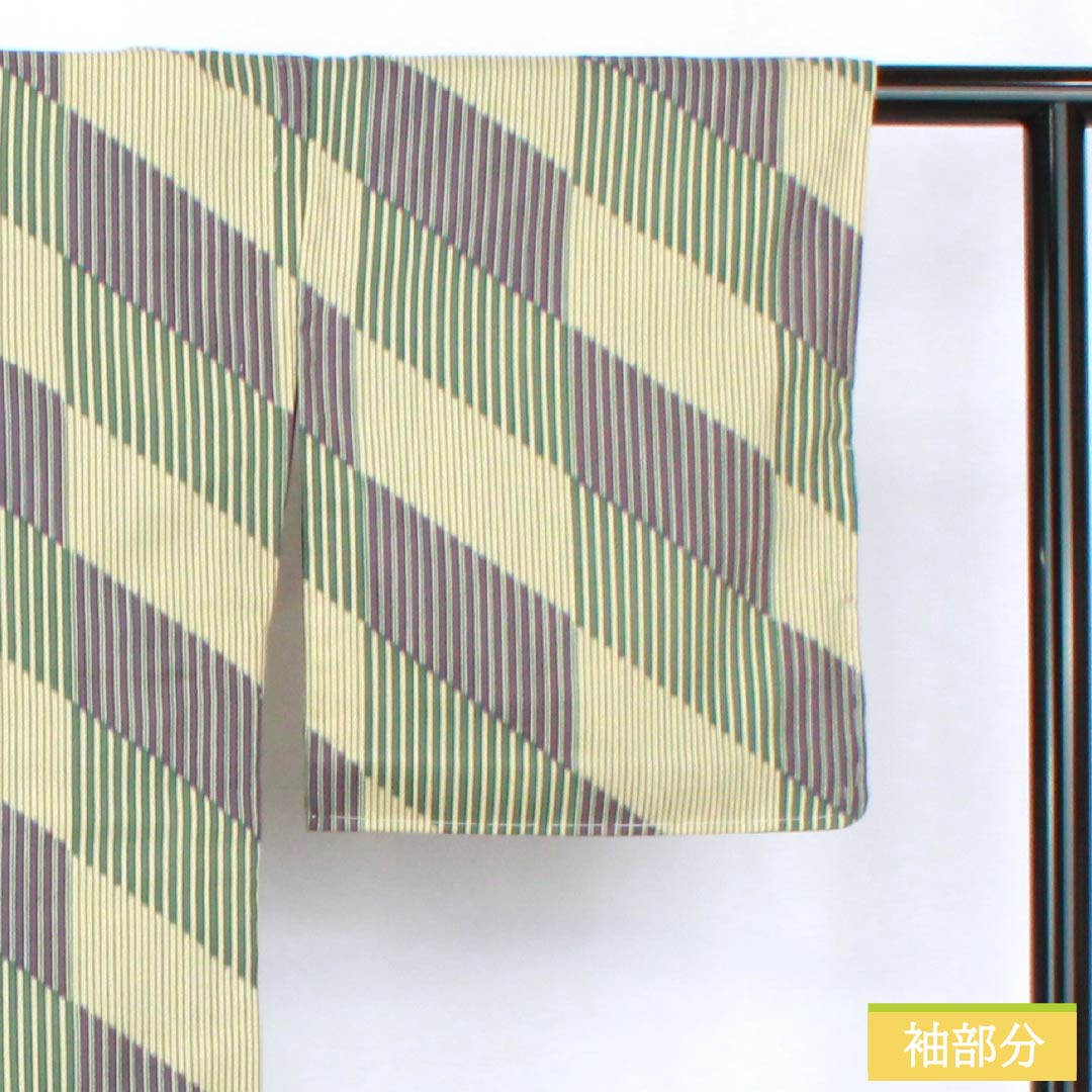 Polyester Komon, Rank S, Length 161cm, Sleeve-to-shoulder 65.5cm, Unlined, Light Yellow Ochre, Stenciled, Stripes, Diagonal Ichimatsu, Washable Kimono, Yellow-based, 1115008012423