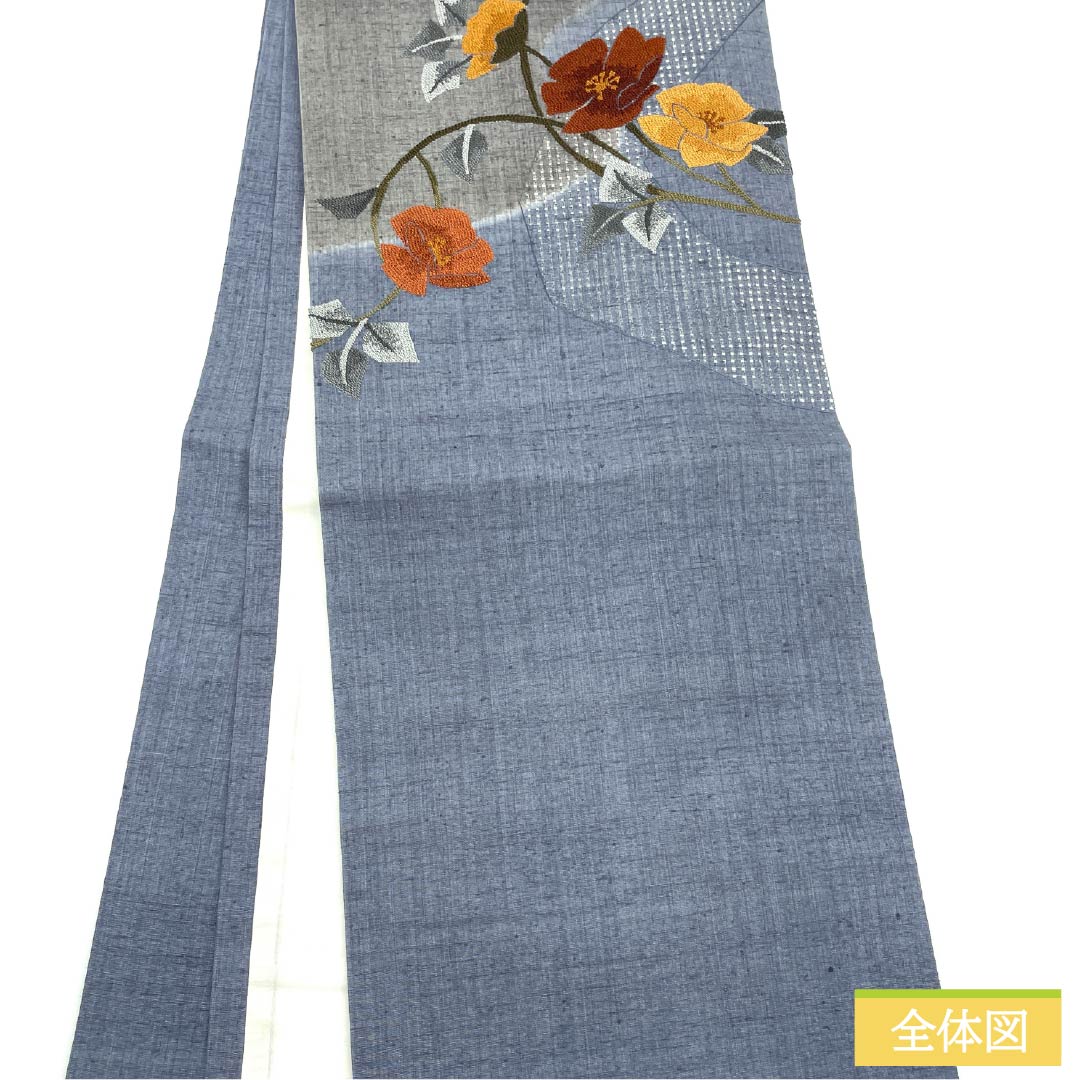 Nagoya Obi Silk A Rank Shakujyo-iro Sagara Embroidery Swatow Embroidery Floral Pattern Obi Length 356cm Point Pattern Casual Gray System 1124011503322 Open-Sided