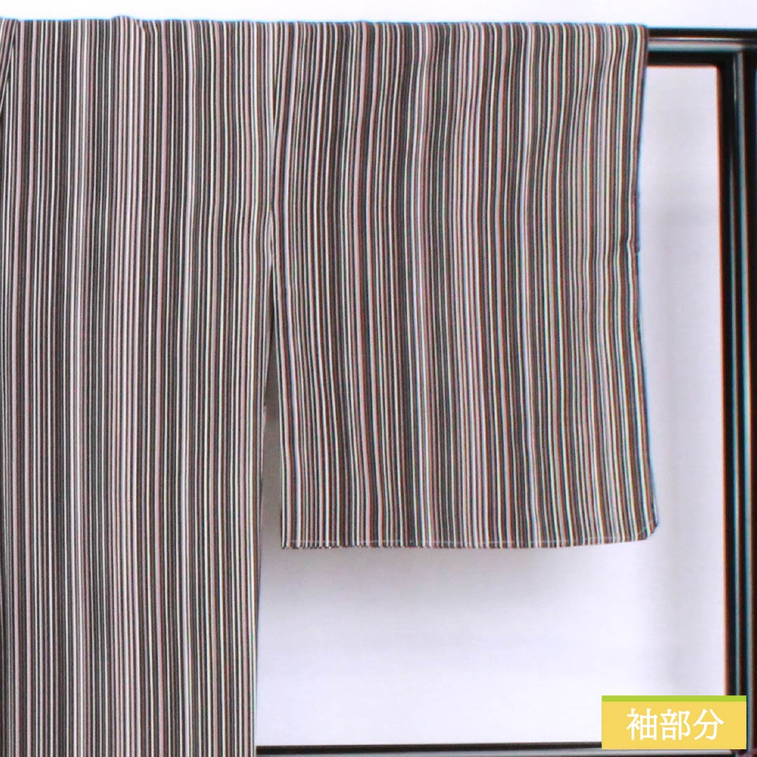 小紋 ポリエステル 身丈167.5cm 裄丈67cm 袷 縞 洗える着物 しつけ糸付き Sランク 黒系 1115005512510