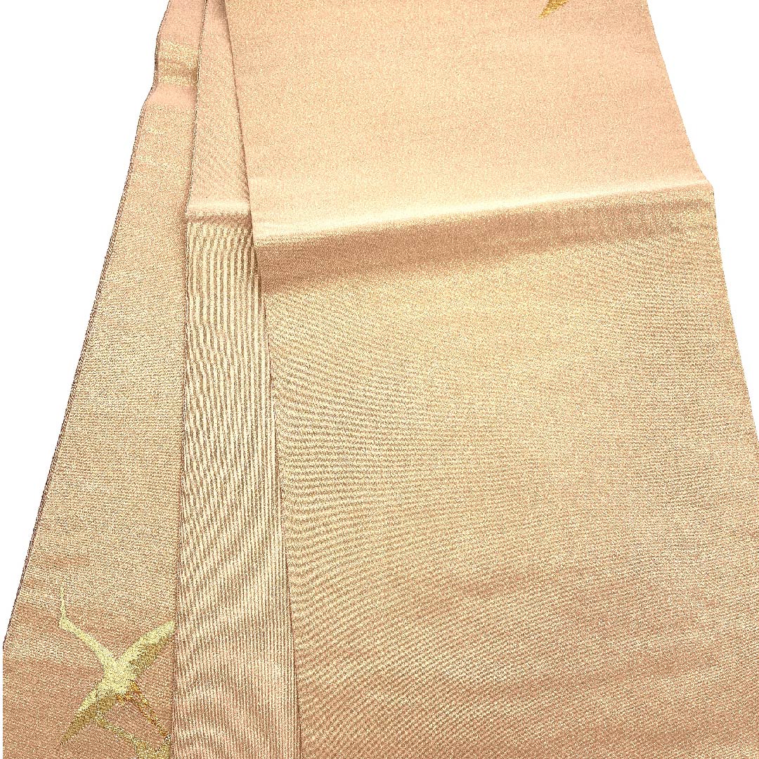 袋帯 薄赤色(うすあかいろ) 鶴 金糸 帯丈452cm 正絹 Sランク ポイント柄 フォーマル 茶系 1123007622414