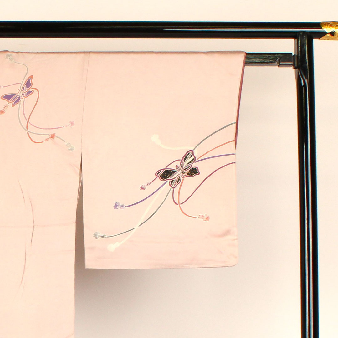 Homongi, lined, length 162.5cm, sleeve length 66cm, butterfly, pure silk, S rank, pink, 1112000252413